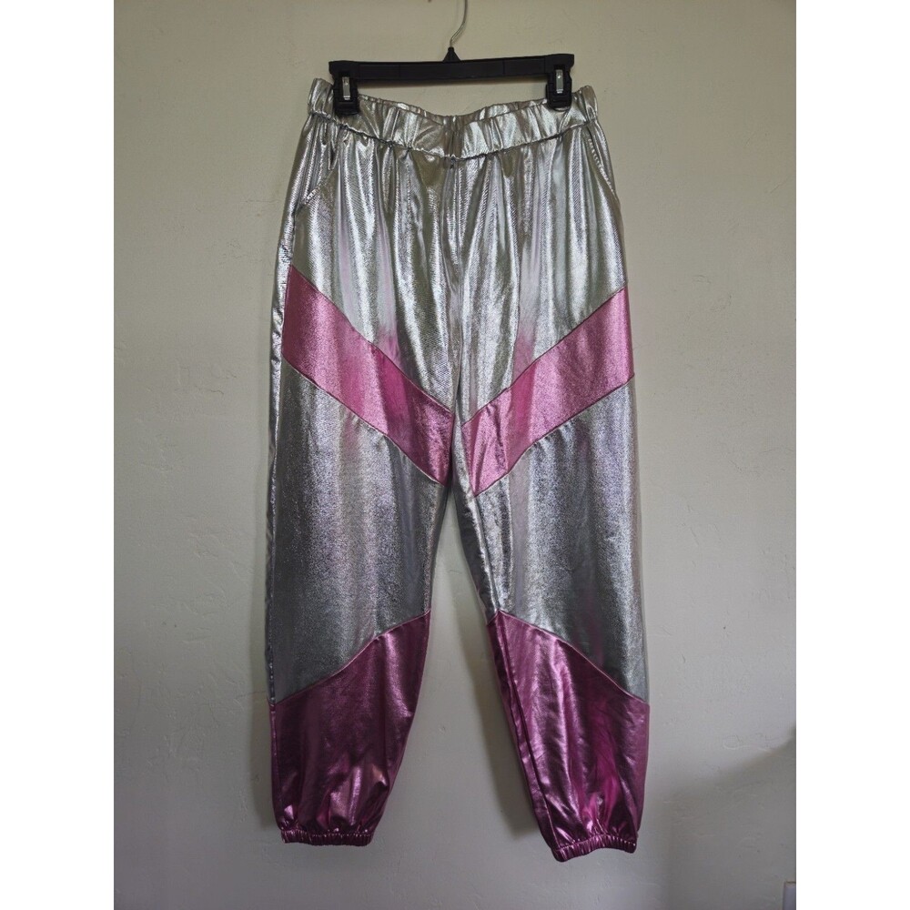 Shiny Metallic Atomic Disco Pants, Silver And Pink, Size XL